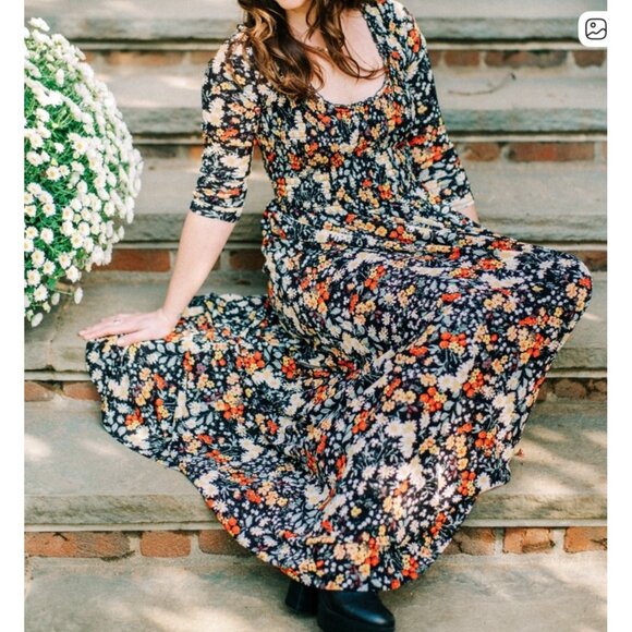 Anthropologie Omya Fall Flora Maxi Dress XS Back Orange Smocked Waist Scoop Neck - Picture 2 of 16